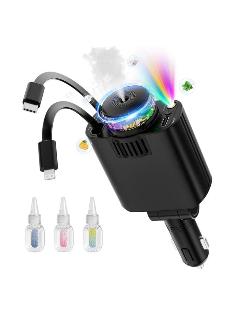 شاحن سيارة 5 في 1 مع ضوء النجوم ومعطر جو - محول USB-C متعدد المنافذ قابل للسحب للشحن السريع، شاحن سيارة عالمي لأجهزة iPhone وAndroid - Image 1